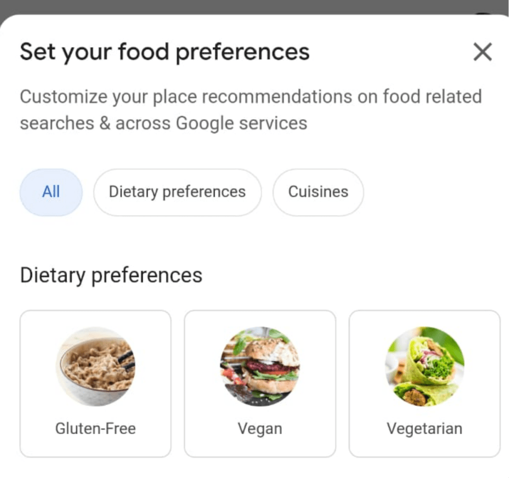 A screenshot from google search with an option to set your food preferences 